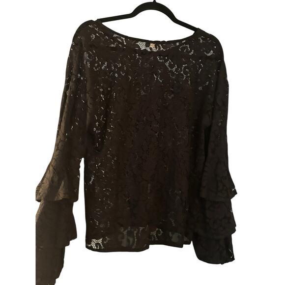 Anthropologie Solitaire Black Blouse Lace Ruffle Layered Bell Sleeves Sz M Sheer - Picture 8 of 9